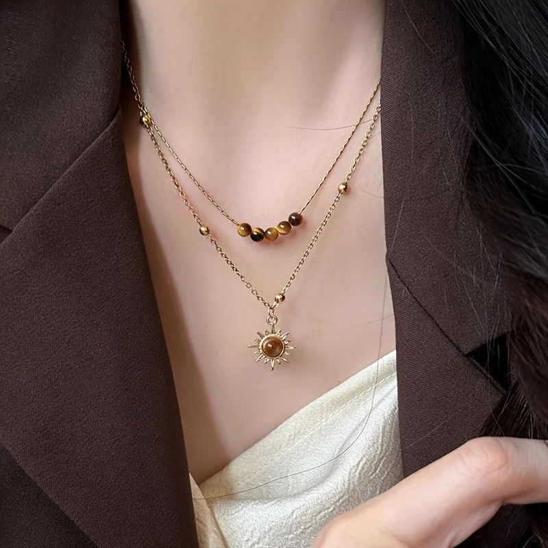 Tiger Eye Layered Necklace Gold-Tone Alloy, Natural Tiger Eye Beads, Sun Pendant - Image 2