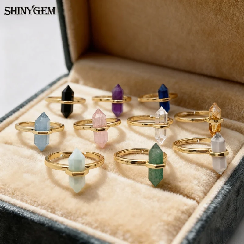 Natural Hexagonal Healing Amethyst Labradorite Rock Crystal Quartz Resizable 18K Gold Plated Ring - Image 4