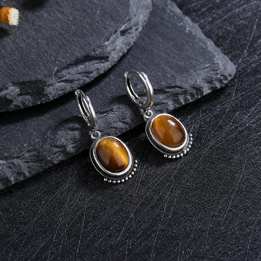 Fine Silver Natural Tiger Eye Earring Elegant Labradorite Moonstone