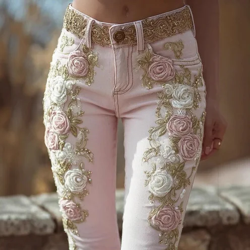 Retro Pink Rose embroidery art print jeans with elegant temperament
