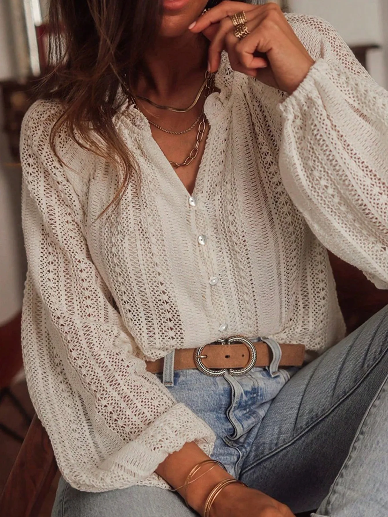 Spring And Autumn Loose Fashion Simple All-Match Hollow Lace V-neck - Image 13