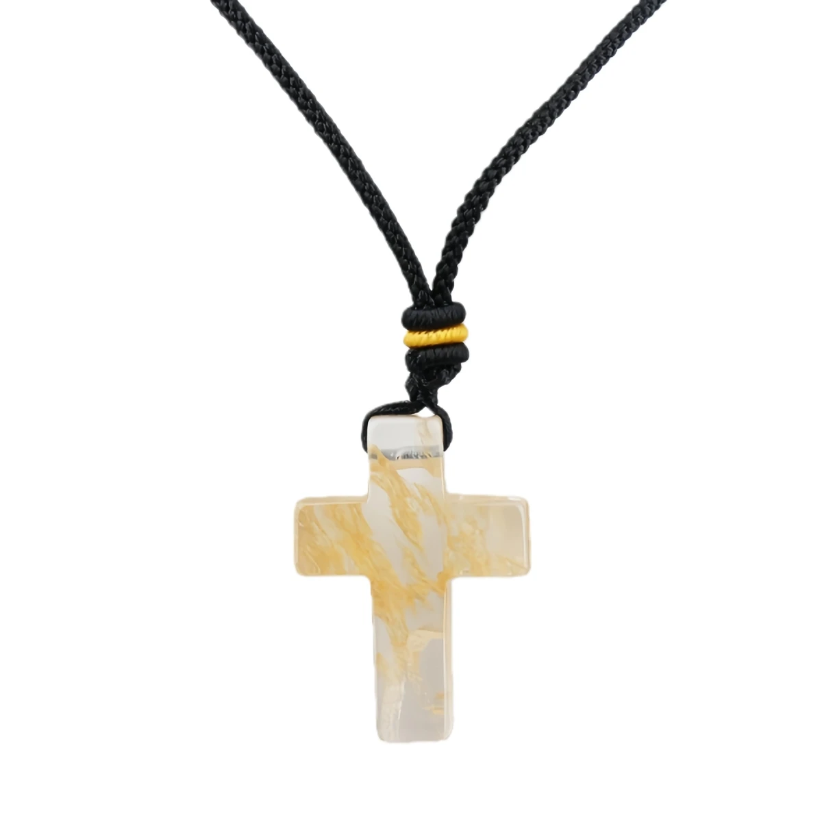 Yellow Tiger Eye 22x30mm Cross Shaped Gemstone Pendant Necklace with Black Leather Rope - Image 8