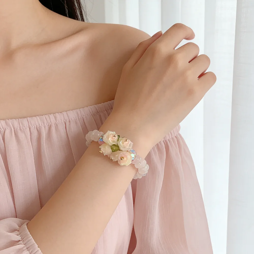 Natural Amethyst Rose Quartz Crystal Bracelet Healing Energy Irregular Crushed Stone Dainty Flower Charm - Image 3