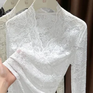 White Lace V-Neck Long Sleeve Blouse - Elegant Sheer Mesh Top for Daily/Office Wear