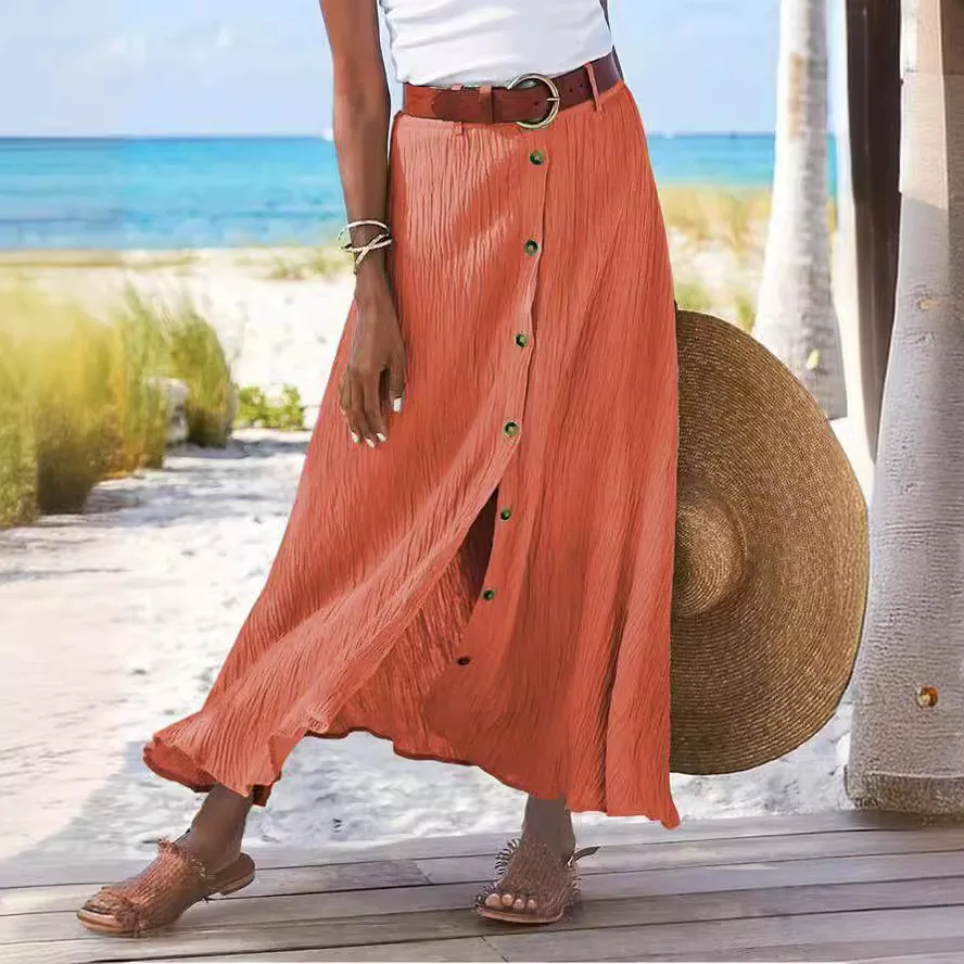 Casual Cotton And Linen Solid Color Buttons Skirt Split A- Line Hip Waist Long Skirt - Image 5