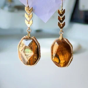 Faceted Tiger Eye Stone Geometric Earrings