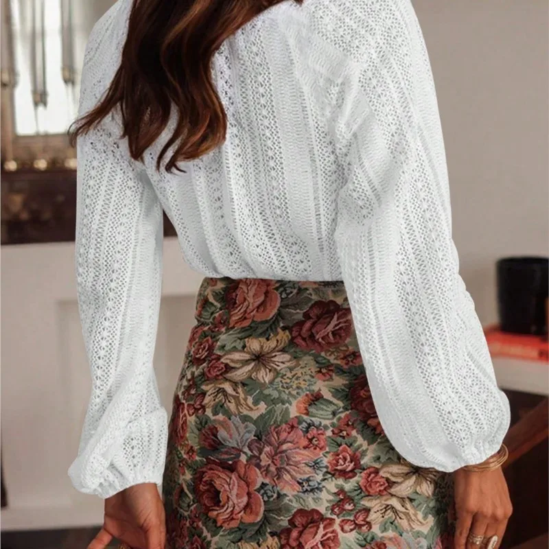 Spring And Autumn Loose Fashion Simple All-Match Hollow Lace V-neck - Image 2