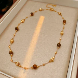 18k Gold Plated Tiger's Eye Stone Beaed Choker Necklace