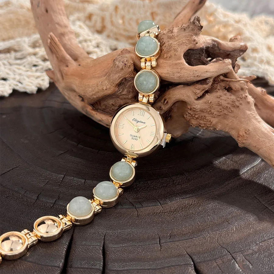 Gold-Hued Women's Watch Featuring Tiger's Eye and Chalcedony Gem Accents - Image 5