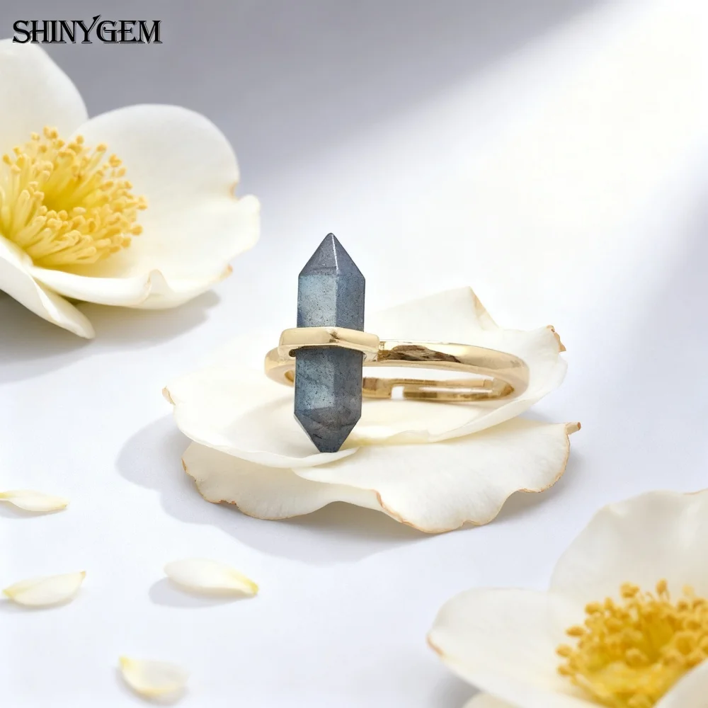 Natural Hexagonal Healing Amethyst Labradorite Rock Crystal Quartz Resizable 18K Gold Plated Ring - Image 15