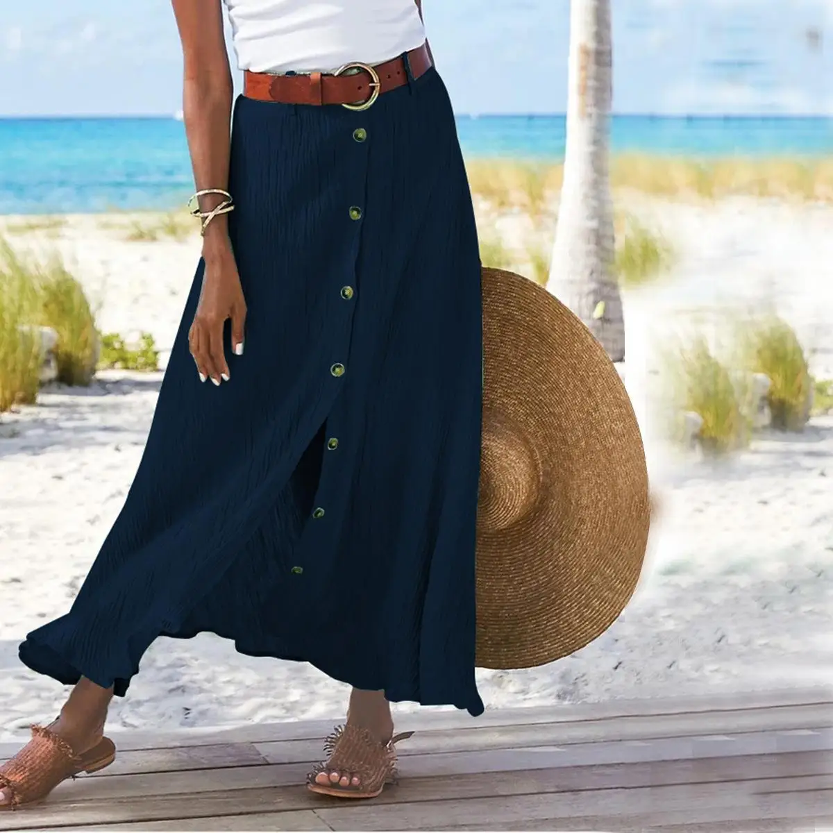 Casual Cotton And Linen Solid Color Buttons Skirt Split A- Line Hip Waist Long Skirt - Image 3