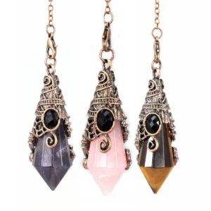 Natural Faceted Healing Crystal Reiki Divination Dowsing Rose Pink Quartz Stone Pendulum Pendant Chain Necklace Jewelry