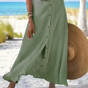 Casual Cotton And Linen Solid Color Buttons Skirt Split A- Line Hip Waist Long Skirt