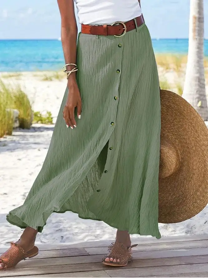 Casual Cotton And Linen Solid Color Buttons Skirt Split A- Line Hip Waist Long Skirt