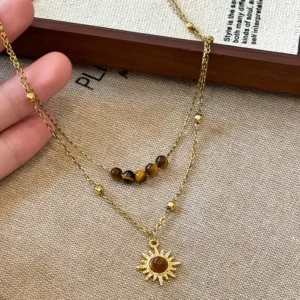 Tiger Eye Layered Necklace  Gold-Tone Alloy, Natural Tiger Eye Beads, Sun Pendant