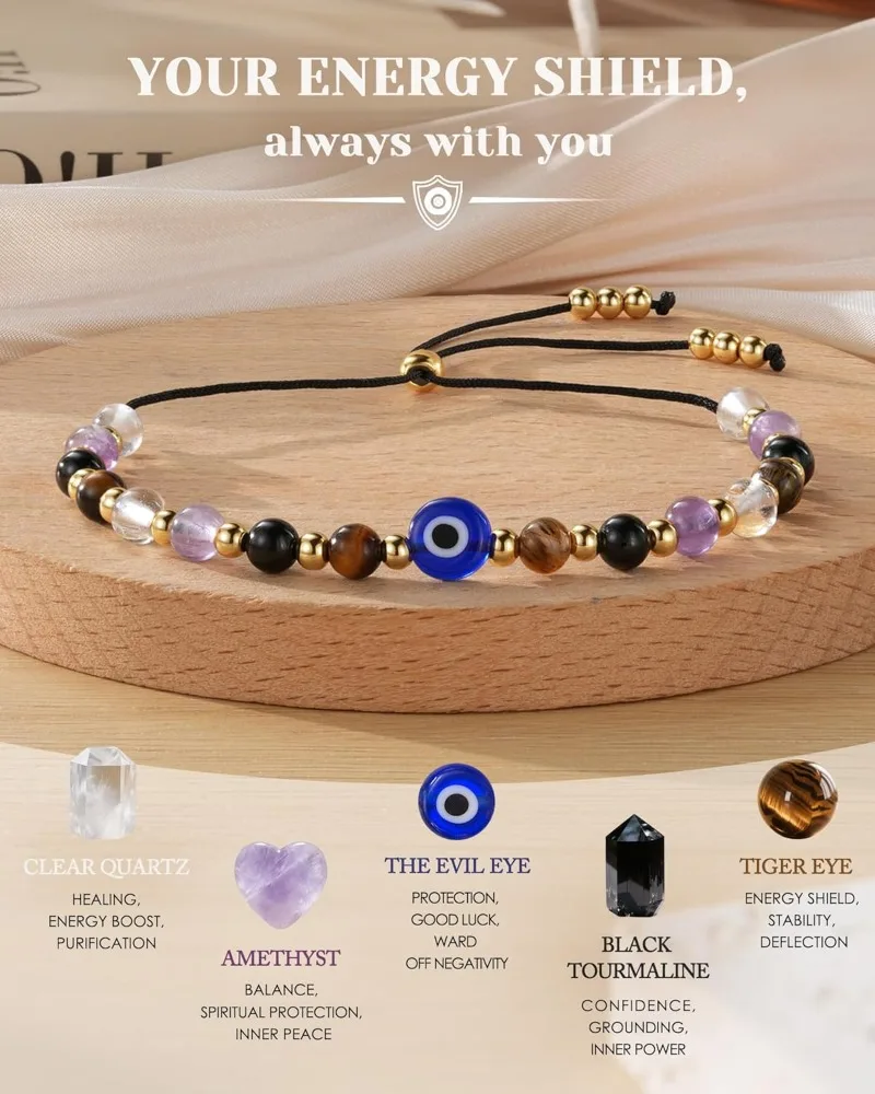 Evil Eye Dainty Natural Crystal Protection Bracelet 5 Healing Stones Clear Quartz Amethyst Tiger Eye Spiritual Guardian Jewelry - Image 3