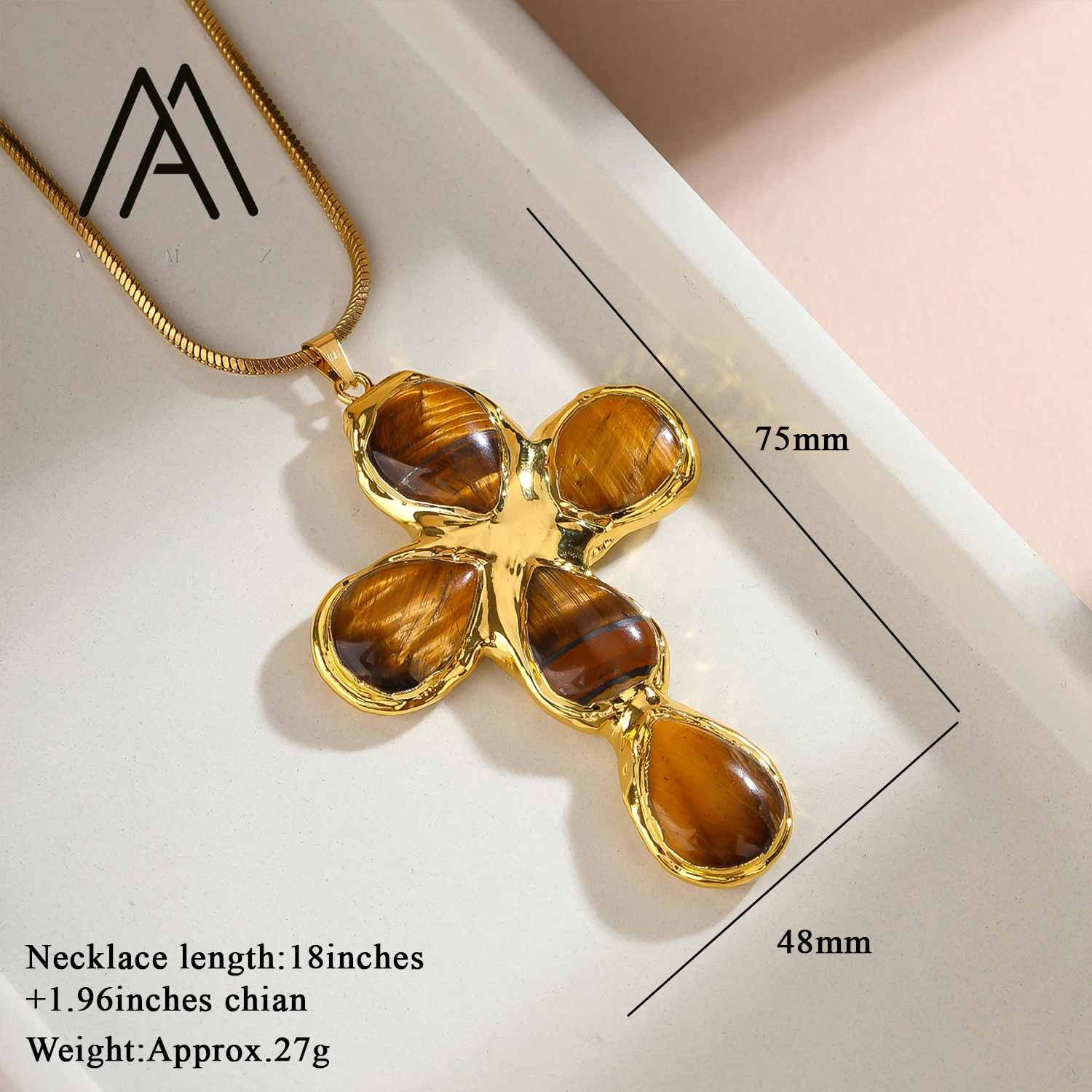 Tigers Eye Cross Pendant Necklace Vintage Jewelry 18K Gold-Plated Chain Natural Cats Eye Stone - Image 4