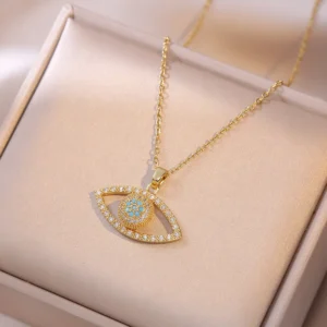 Evil Eye Necklace, Turkish Nazar Pendant with Zircon, Stainless Steel Energy Protection
