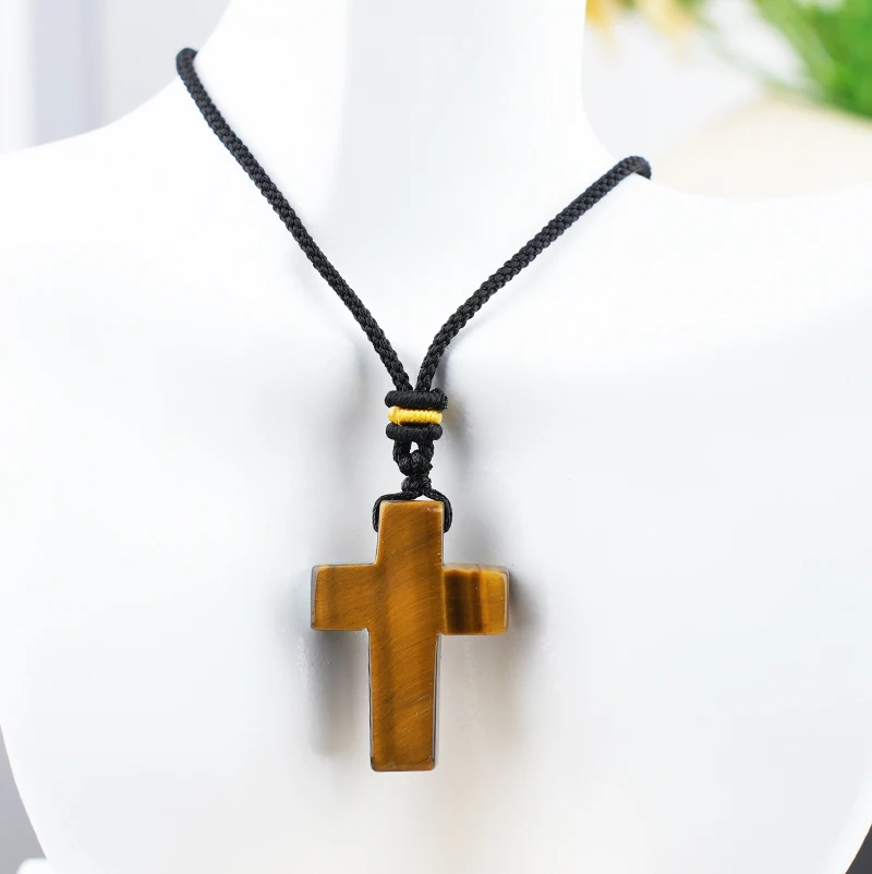 Yellow Tiger Eye 22x30mm Cross Shaped Gemstone Pendant Necklace with Black Leather Rope - Image 4