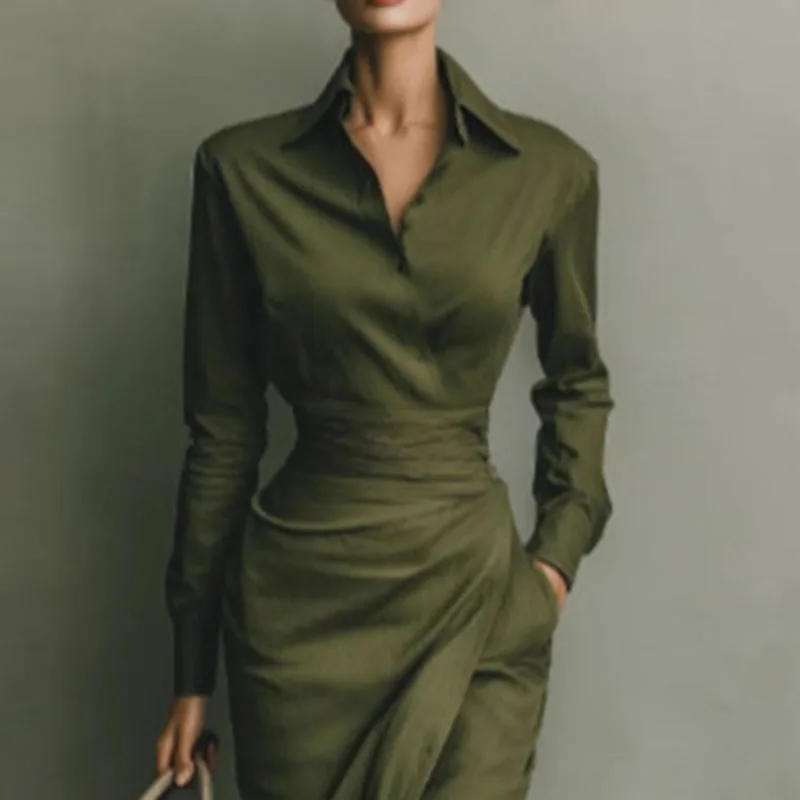Elegant Dress Spring Polo Collar Button High Waist Slim