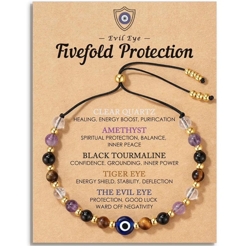 Evil Eye Dainty Natural Crystal Protection Bracelet 5 Healing Stones Clear Quartz Amethyst Tiger Eye Spiritual Guardian Jewelry