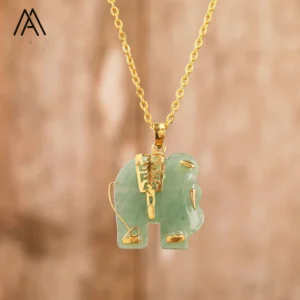 Gold Elephant Buddha Jewelry Tiger's Eye Carving Crystal Necklace Pendant Choker