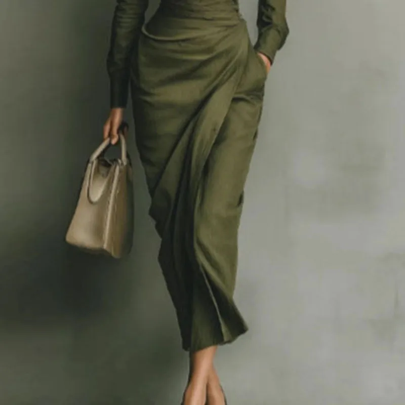 Elegant Dress Spring Polo Collar Button High Waist Slim - Image 4