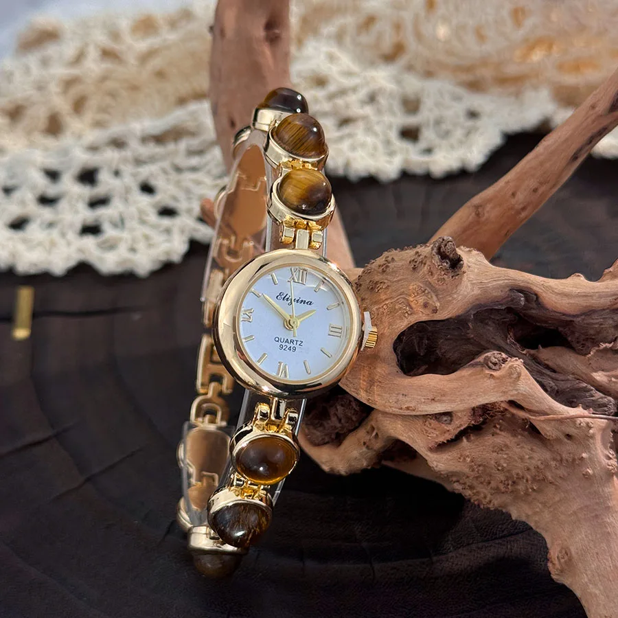 Gold-Hued Women's Watch Featuring Tiger's Eye and Chalcedony Gem Accents - Image 7