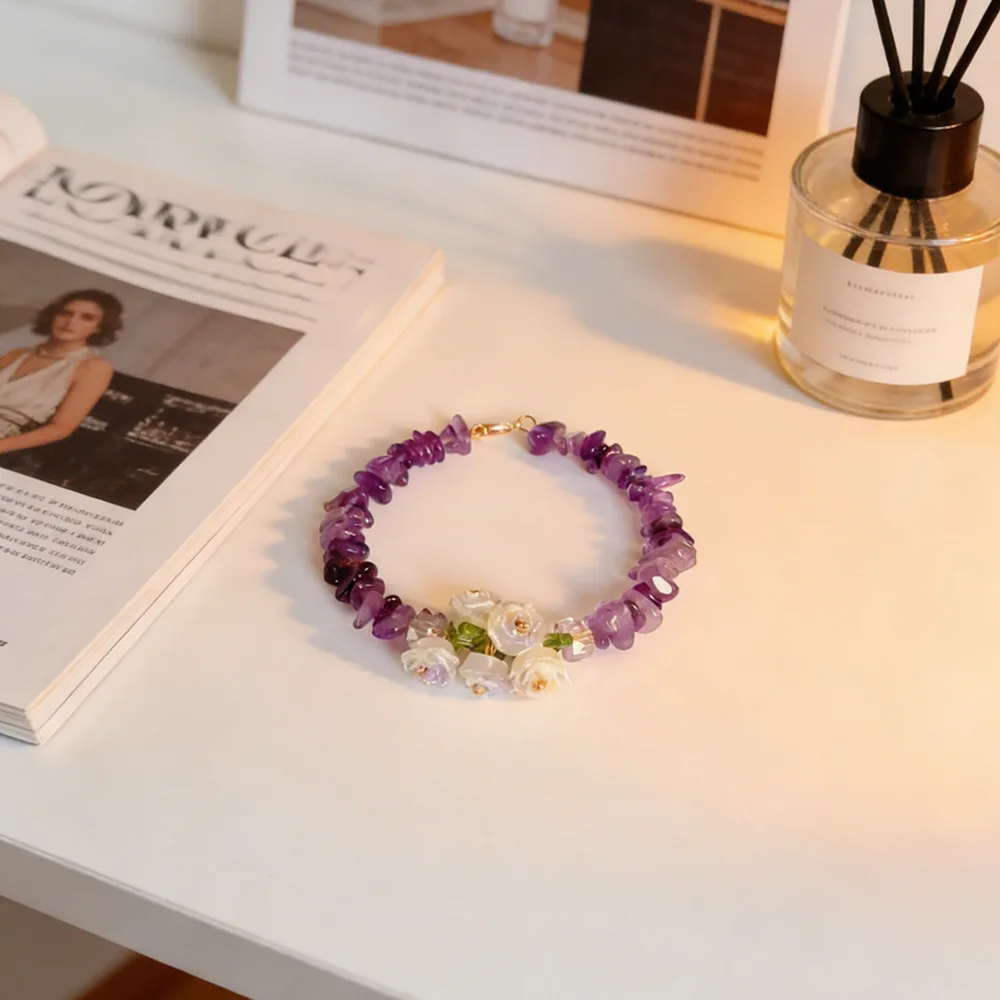 Natural Amethyst Rose Quartz Crystal Bracelet Healing Energy Irregular Crushed Stone Dainty Flower Charm - Image 5
