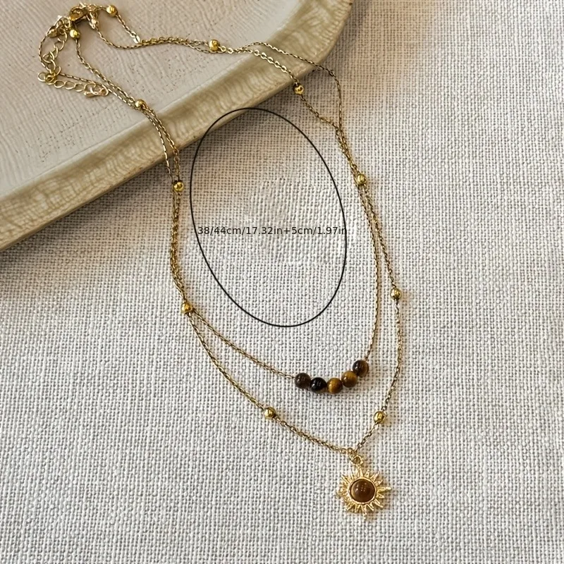 Tiger Eye Layered Necklace Gold-Tone Alloy, Natural Tiger Eye Beads, Sun Pendant - Image 5
