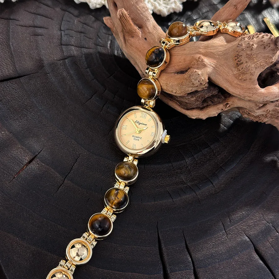 Gold-Hued Women's Watch Featuring Tiger's Eye and Chalcedony Gem Accents - Image 2