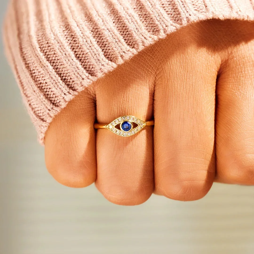 Evil Eye Protection Ring 14k Gold Plating Blue Shining Zirconia Spiritual Turkish Rings - Image 3