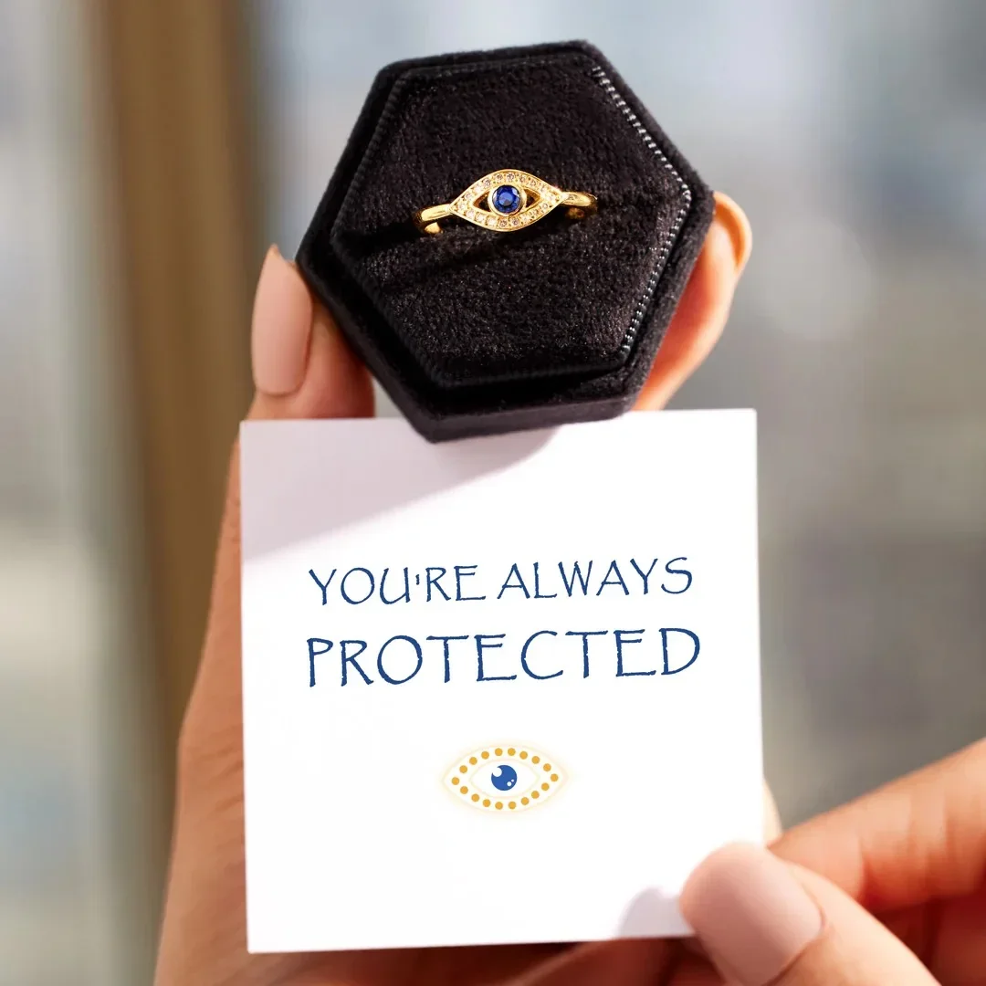 Evil Eye Protection Ring 14k Gold Plating Blue Shining Zirconia Spiritual Turkish Rings - Image 6
