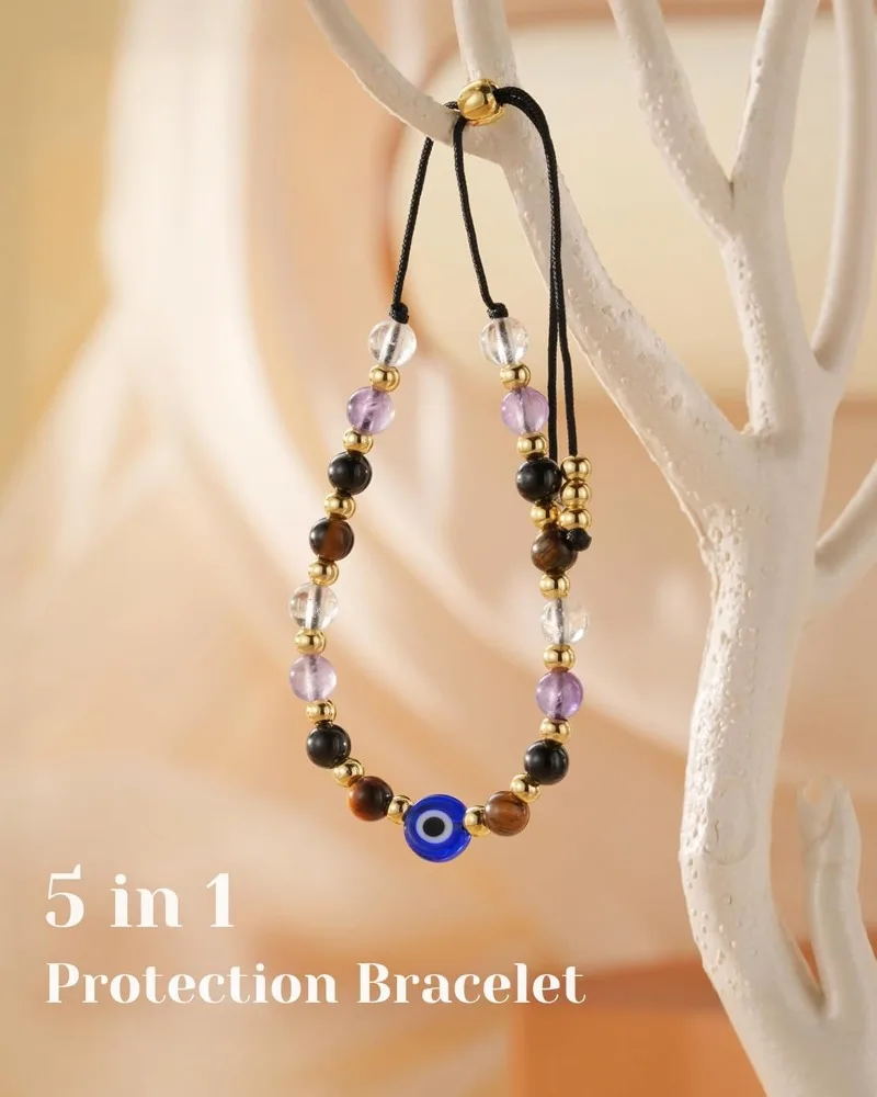 Evil Eye Dainty Natural Crystal Protection Bracelet 5 Healing Stones Clear Quartz Amethyst Tiger Eye Spiritual Guardian Jewelry - Image 2