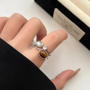 Sterling Silver Tiger's Eye Zircon Double Layer Ring