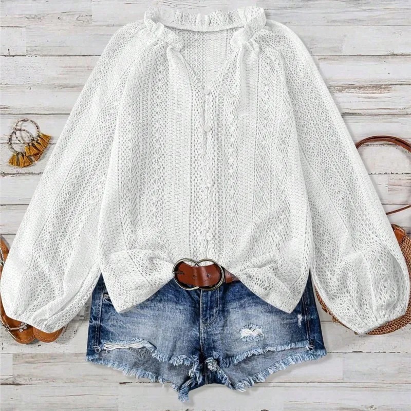 Spring And Autumn Loose Fashion Simple All-Match Hollow Lace V-neck - Image 3