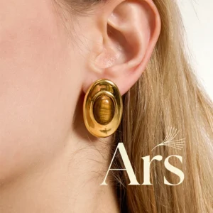 Ars Tiger's Eye Stone Earrings 18K Gold Plated Stainless Steel Oval Stud Earrings Statement No Tarnish Earrings