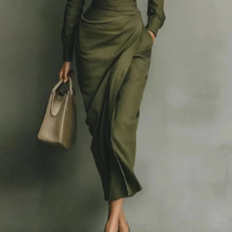 Elegant Dress Spring Polo Collar Button High Waist Slim - Image 2