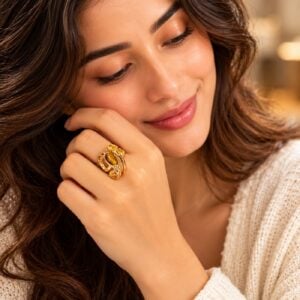 Luxury Gold Dual-Band Open Ring with Tiger's Eye & Citrine Gemstones