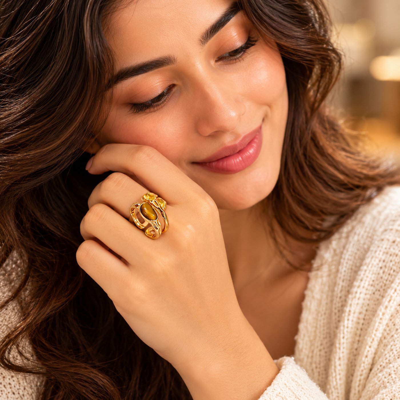 Luxury Gold Dual-Band Open Ring with Tiger's Eye & Citrine Gemstones