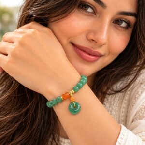 7mm natural green jade bracelet with orange accents and peace knot pendant