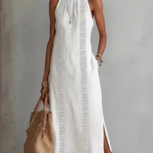 Women's Halter Slit Holiday Solid Color Lace Splicing Sleeveless Dress Vintage Vestidos Maxi Dress Summer Loose Party Robe