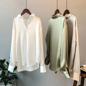 Elegant Luxury Shirts For Women Long Sleeves Satin Blouses Office Lady Loose Button Up Female Outfit White Top Spring Autumn New