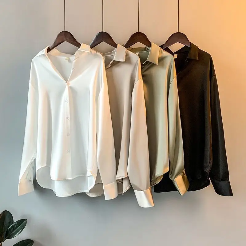 Elegant Luxury Shirts For Women Long Sleeves Satin Blouses Office Lady Loose Button Up Female Outfit White Top Spring Autumn New - Image 2