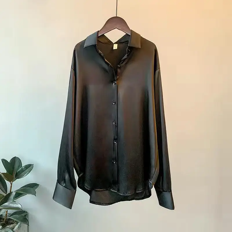Elegant Luxury Shirts For Women Long Sleeves Satin Blouses Office Lady Loose Button Up Female Outfit White Top Spring Autumn New - Image 6