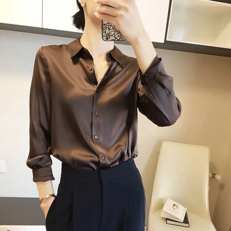 Elegant Luxury Shirts For Women Long Sleeves Satin Blouses Office Lady Loose Button Up Female Outfit White Top Spring Autumn New - Image 7