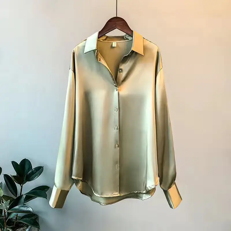 Elegant Luxury Shirts For Women Long Sleeves Satin Blouses Office Lady Loose Button Up Female Outfit White Top Spring Autumn New - Image 3