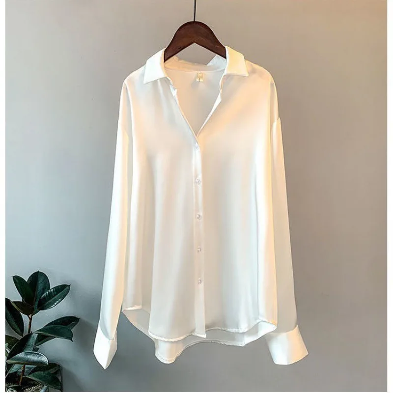 Elegant Luxury Shirts For Women Long Sleeves Satin Blouses Office Lady Loose Button Up Female Outfit White Top Spring Autumn New - Image 5