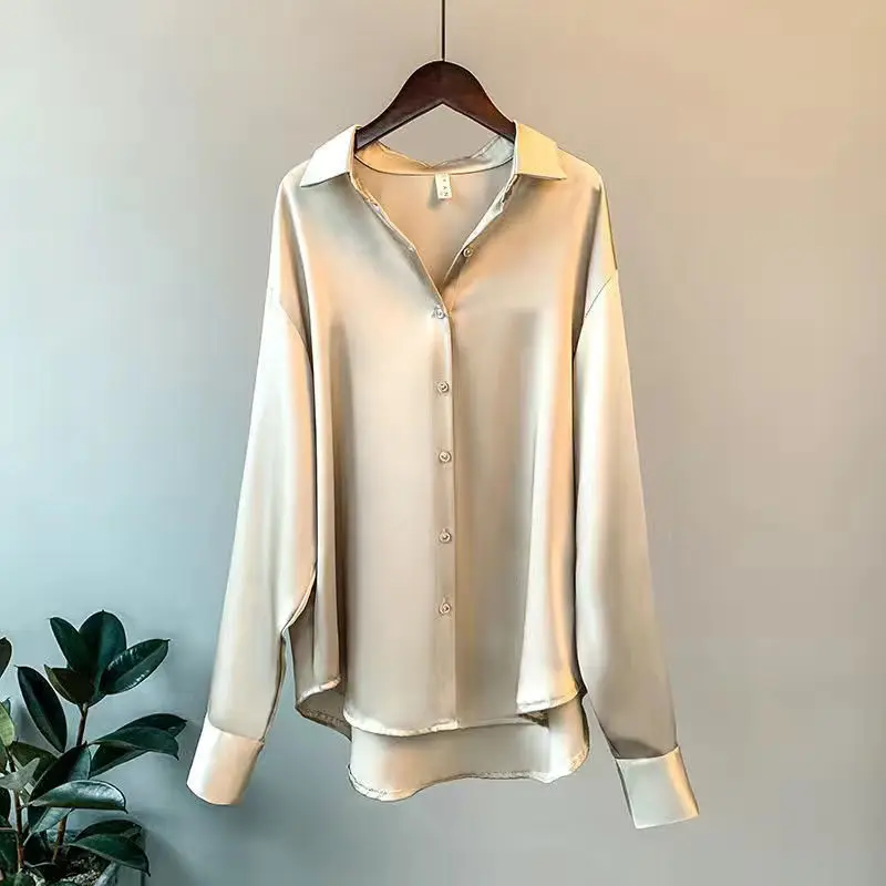 Elegant Luxury Shirts For Women Long Sleeves Satin Blouses Office Lady Loose Button Up Female Outfit White Top Spring Autumn New - Image 4