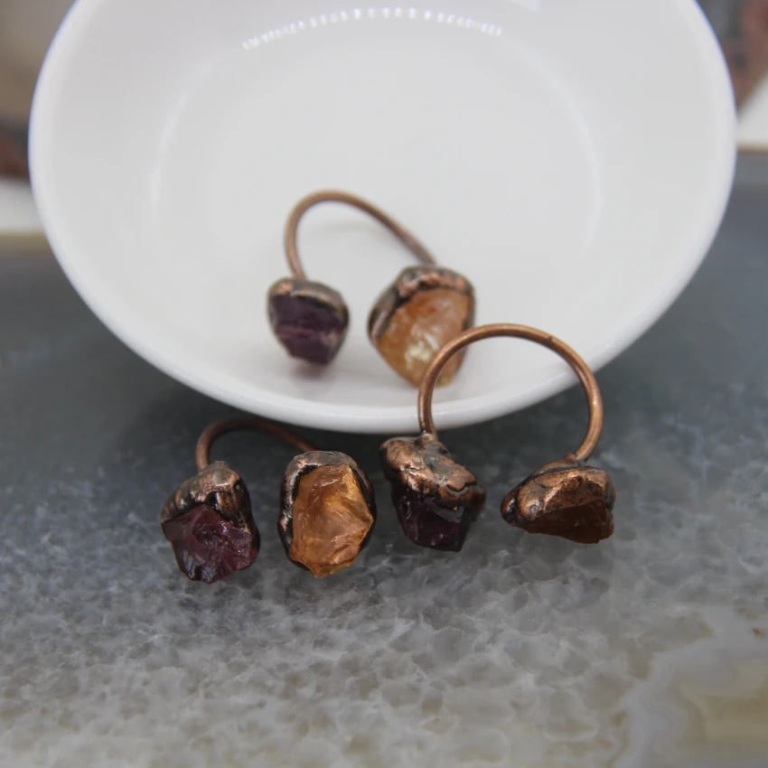 Natural Amethysts And Citrines Antique Brass Rings,Healing Crystal Adjustable Double Stone Finger Rings Women/Man Jewelry Gifts - Image 5
